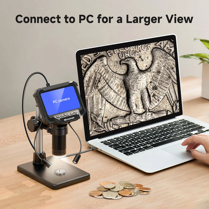 Digital Microscope with 4.3inch IPS Screen 1600X Coin Microscope with Lights 1920P HD Video Microscope for PCB, Coins, and Plants.