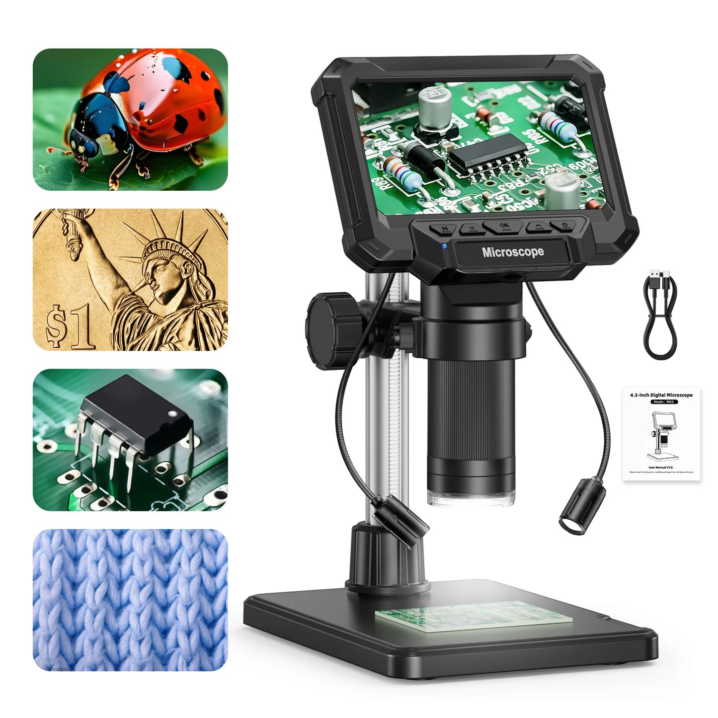 Digital Microscope with 4.3inch IPS Screen 1600X Coin Microscope with Lights 1920P HD Video Microscope for PCB, Coins, and Plants.