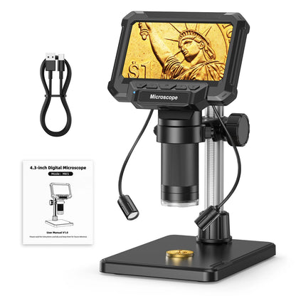 Digital Microscope with 4.3inch IPS Screen 1600X Coin Microscope with Lights 1920P HD Video Microscope for PCB, Coins, and Plants.