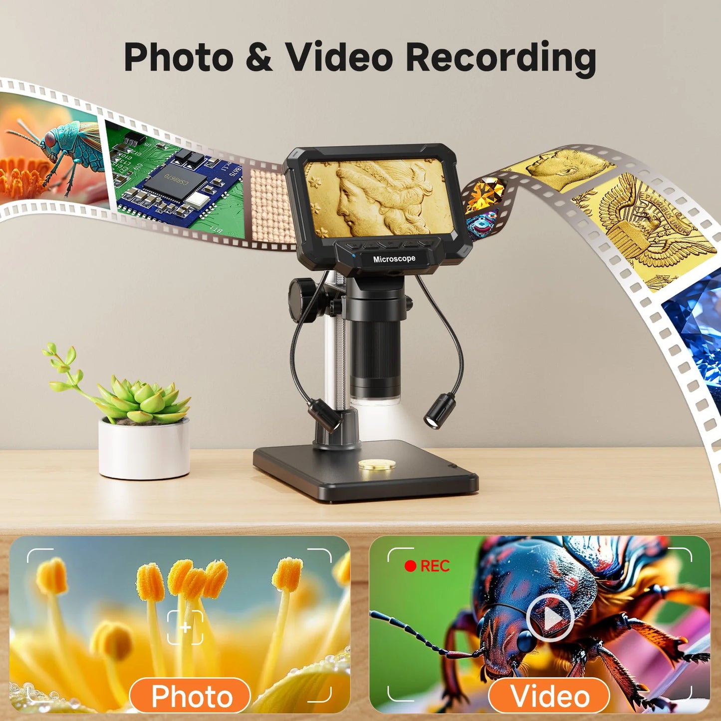 Digital Microscope with 4.3inch IPS Screen 1600X Coin Microscope with Lights 1920P HD Video Microscope for PCB, Coins, and Plants.